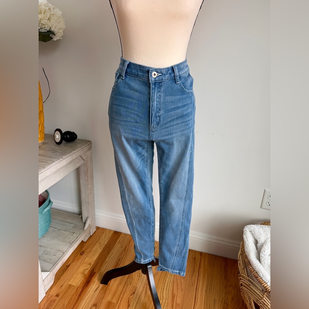 High-Rise Straight Leg Women’s Jeans - Light Blue with staggered ankle hem